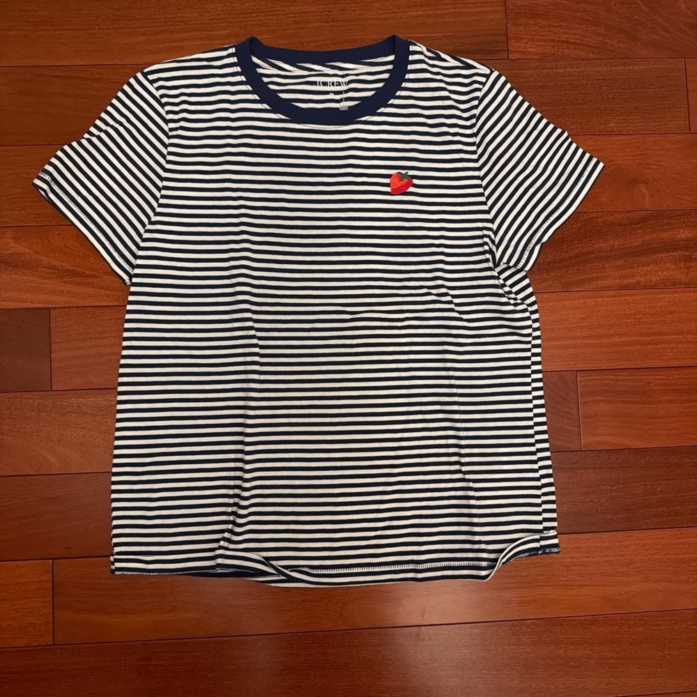 J. Crew Navy & White Striped Short Sleeve Tee with strawberry embroidery